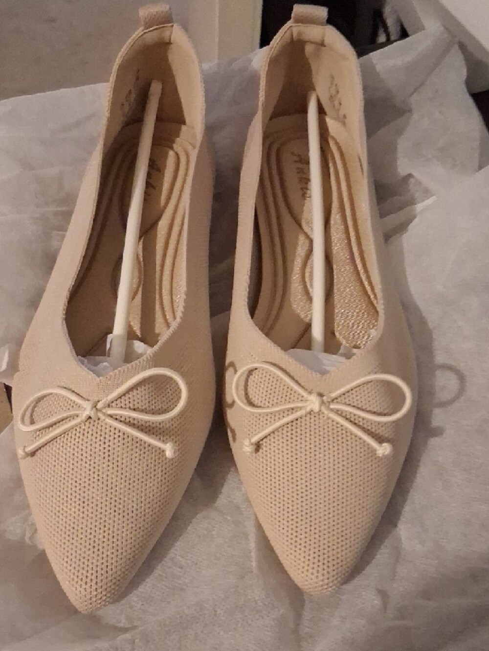 Ankis Pointed Knit Ballet Flats with Bow in Beige - Picture 5 of 5